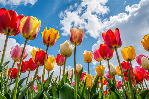 Vibrant Dutch tulips are showcased against a backdrop of a blue sky with white clouds, a picturesque and colorful scene.