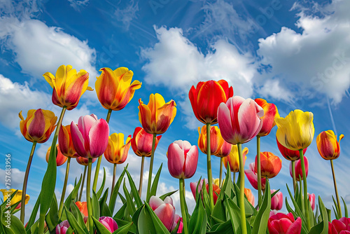 Vibrant Dutch tulips are showcased against a backdrop of a blue sky with white clouds  a picturesque and colorful scene.