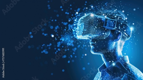 VR headset holographic low poly wireframe vector banner. Polygonal man wearing virtual reality glasses, helmet. VR games playing. Particles, dots, lines, triangles on blue background.  photo