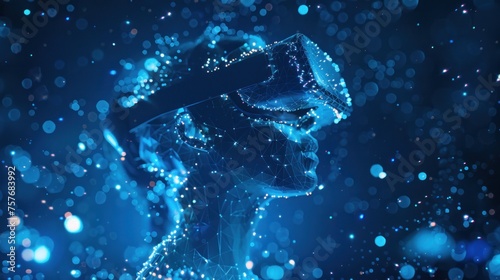 VR headset holographic low poly wireframe vector banner. Polygonal man wearing virtual reality glasses, helmet. VR games playing. Particles, dots, lines, triangles on blue background. Neon light.