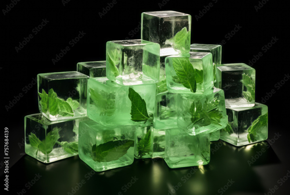 Green cubes with mint leaves next to them embody icepunk and chillwave, reflecting softly organic aesthetics. Green cubes with mint leaves next to them embody icepunk and chillwave, reflecting softly organic aesthetics.