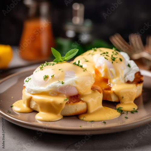 Eggs benedict toast is accompanied with sauce, its soft edges, blurred details, simplified, and sleek nature apparent. photo