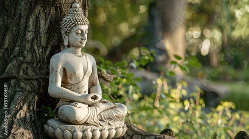 white siddartha under the tree meditating, photograph, realistic, 