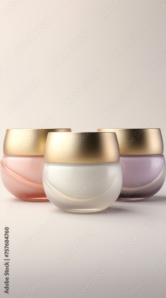 Three glass containers of cream shaped like cream present minimal retouching and tonal variations in color, colored in light gray, dark gold, light magenta, and light bronze.