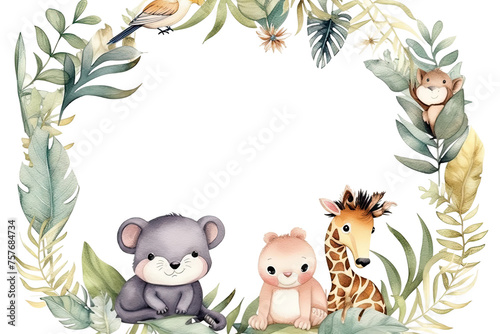 animals cute Illustration Watercolor tropical baby frame leaves wreath