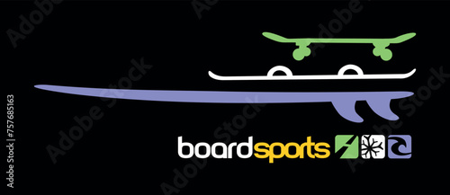 Vector illustration in graphic style with reference to sports with boards. Skate, Surf and Snowboard.