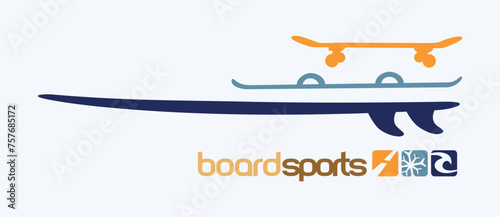 Vector illustration in graphic style with reference to sports with boards. Skate, Surf and Snowboard.