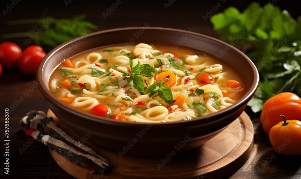 Pasta with vegetables and cheese in a bowl on a wooden table
