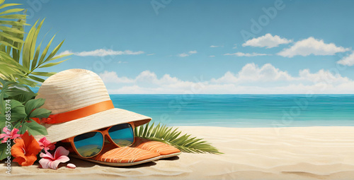 Concept summer beach holiday. Beach accessories - straw hat, glasses, skin flip-flops on sandy tropical beach against blue sky with clouds on bright sunny day ai generative