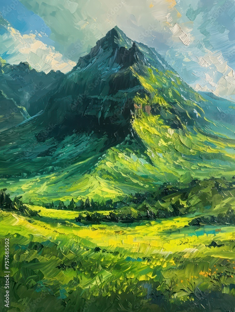 Oil painting depicting a majestic mountain in a mysterious green landscape under a sunny sky for wall art