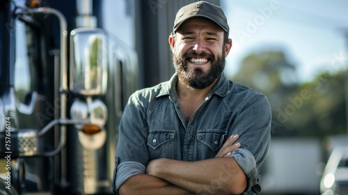 Young male truck driver standing in front of his truck, arms crossed, smiling at the camera, bearded man, wearing a hat --ar 16:9 --style raw Job ID: 14d554c5-0d9d-42e5-86d0-863a763b7bc3 © Chhayny