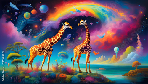 An oil painting of a giraffe floating through a colorful, surreal galaxy with fantastical creatures and shapes.