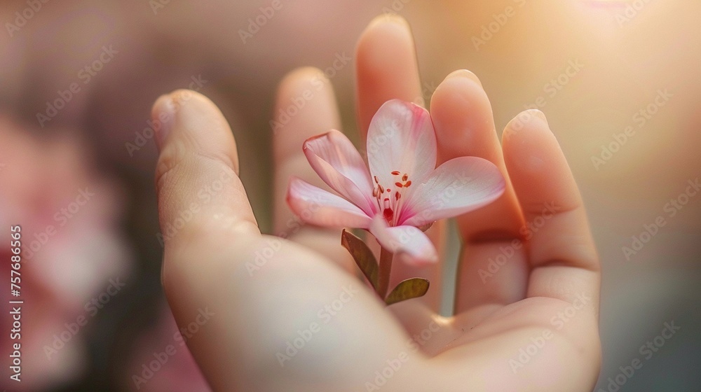 Delicate Touch,Close-up shot of the woman's hand delicately holding a flower, with the soft petals gently cradled between her fingers, generative AI Delicate Touch,Close-up shot of the woman's hand delicately holding a flower, with the soft petals gently cradled between her fingers, generative AI