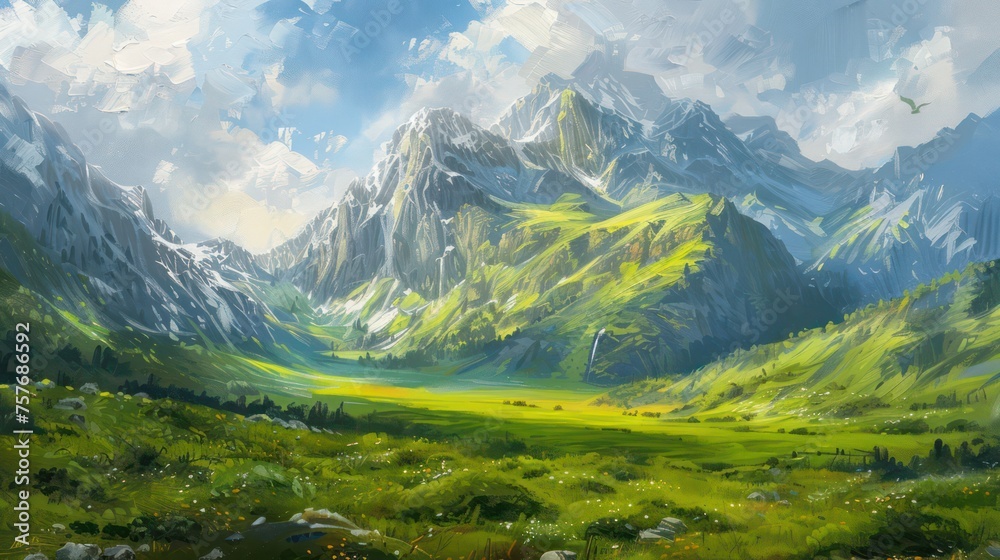 An oil painting depicting a grand mountain in a mystical green scenery under a clear sky.