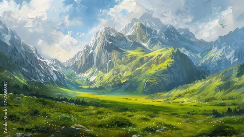 An oil painting depicting a grand mountain in a mystical green scenery under a clear sky.