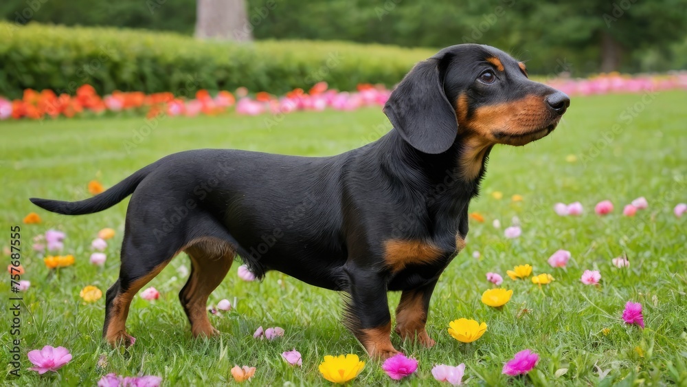 Black and tan smooth haired dachshund dog in flower field Black and tan smooth haired dachshund dog in flower field