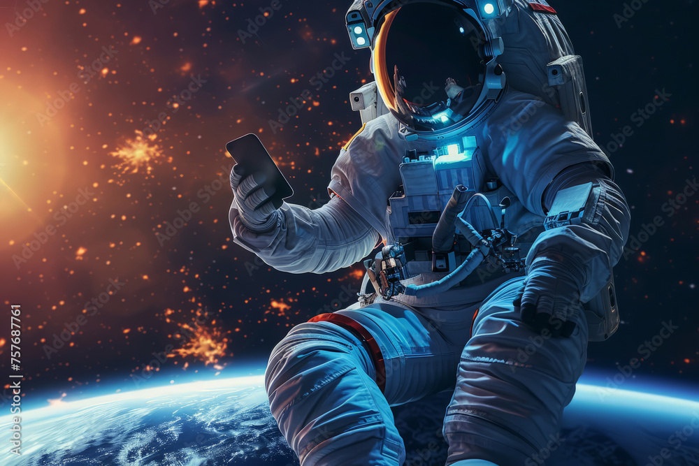 Obraz premium An astronaut in outer space is holding a cell phone, indicating communication or data transfer