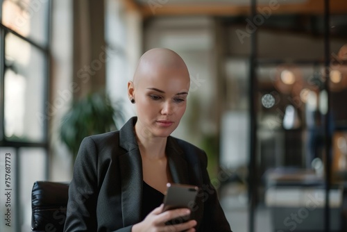 A bald, successful businesswoman sitting in a chair, focused on her cell phone screen