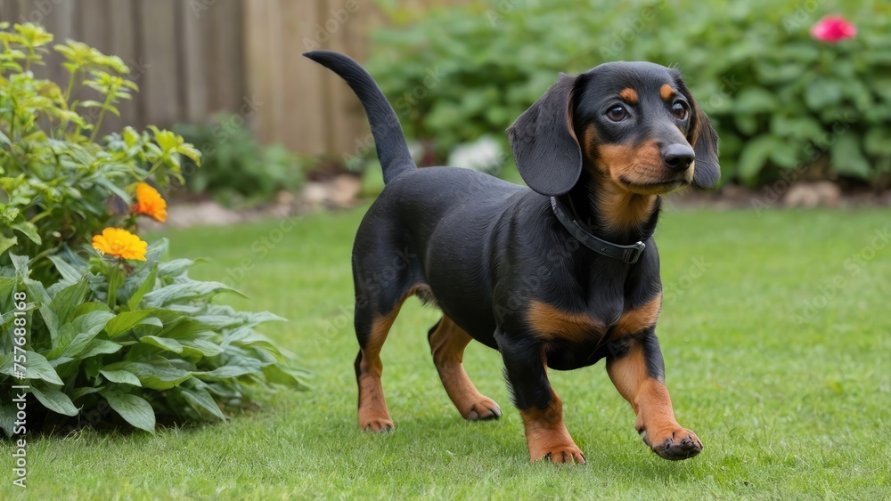 Black and tan smooth haired dachshund dog in the garden Black and tan smooth haired dachshund dog in the garden