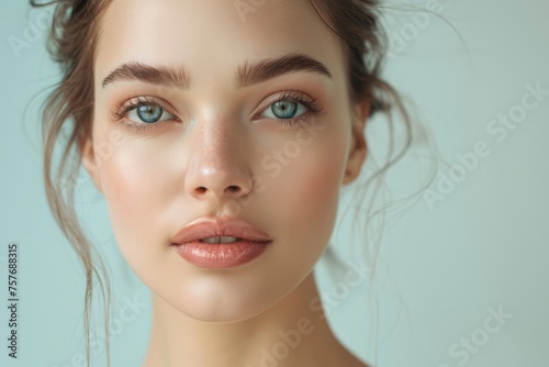 A close-up view of a beautiful young woman with blue eyes  highlighting her clean skin. The image focuses on the womans features