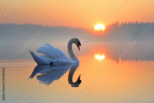 The majesty of a graceful swan gliding across a lake at sunrise.