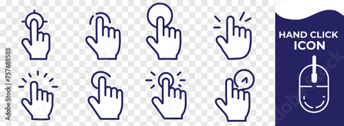 Hand click icon set in line style. Click here, Hand clicking, finger, Touch screen, pointer, cursor, gesture, mouse press push simple black style symbol sign for apps and website, vector illustration.