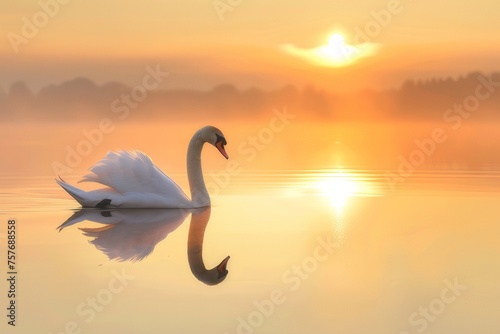 The majesty of a graceful swan gliding across a lake at sunrise.