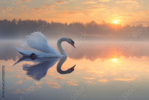 The majesty of a graceful swan gliding across a lake at sunrise.