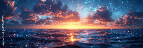 Sparkling ocean sunset with clouds of amber and blue