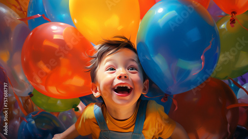 A happy child with colorful balloons