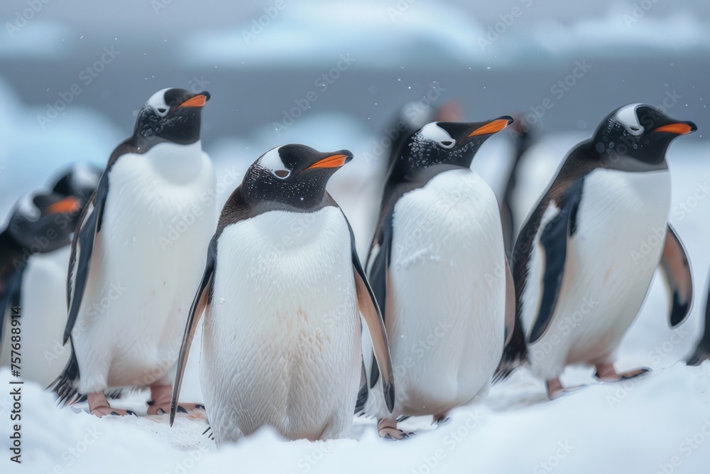 Obraz premium A group of penguins gather on the snowy Antarctic coast.