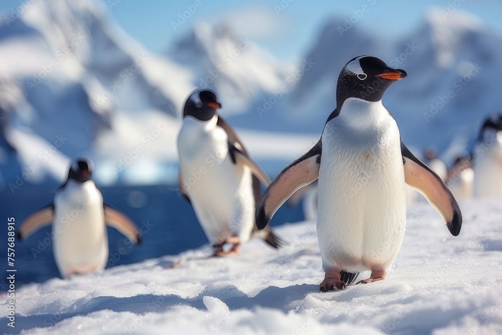 Fototapeta premium A group of penguins gather on the snowy Antarctic coast.