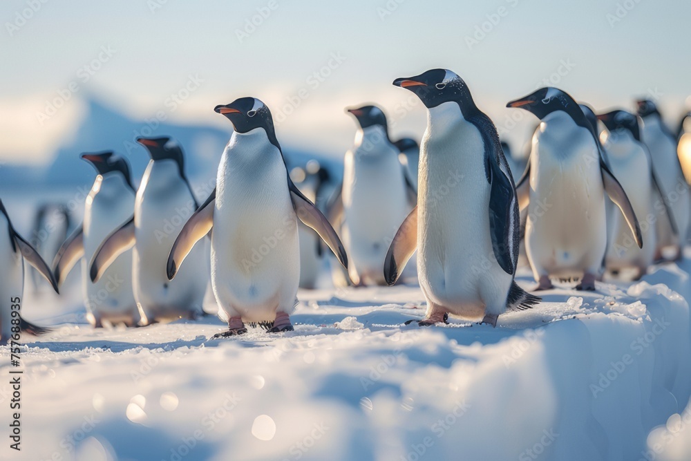 Fototapeta premium A group of penguins gather on the snowy Antarctic coast.