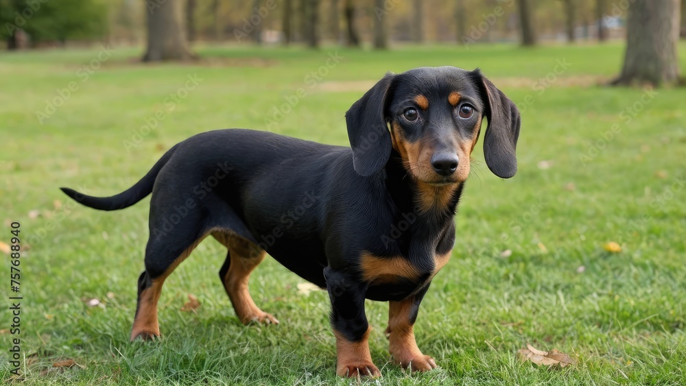 Black and tan smooth haired dachshund dog in the park Black and tan smooth haired dachshund dog in the park