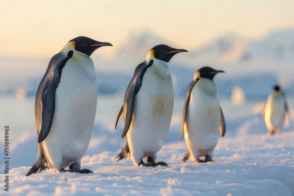 Fototapeta premium A group of penguins gather on the snowy Antarctic coast.