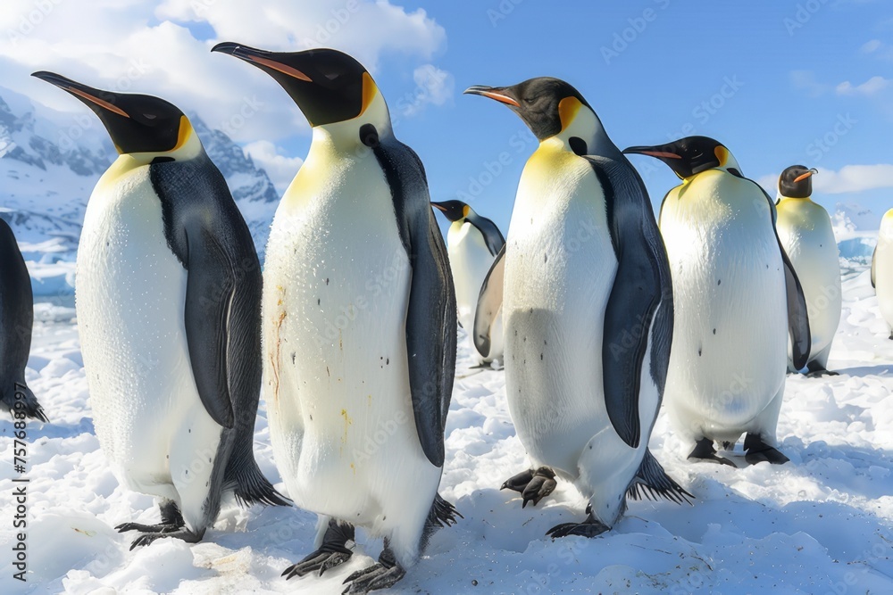 Fototapeta premium A group of penguins gather on the snowy Antarctic coast.
