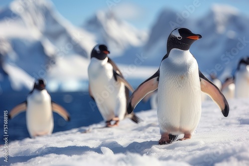 A group of penguins gather on the snowy Antarctic coast.