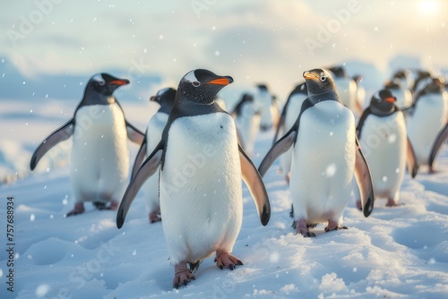 A group of penguins gather on the snowy Antarctic coast.