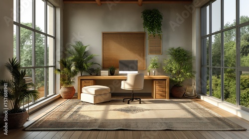 Cozy office interior background, wall mockup, 3d render. Stylish office interior. Decor concept. Real estate concept. Art concept. Design concept. Office concept photo