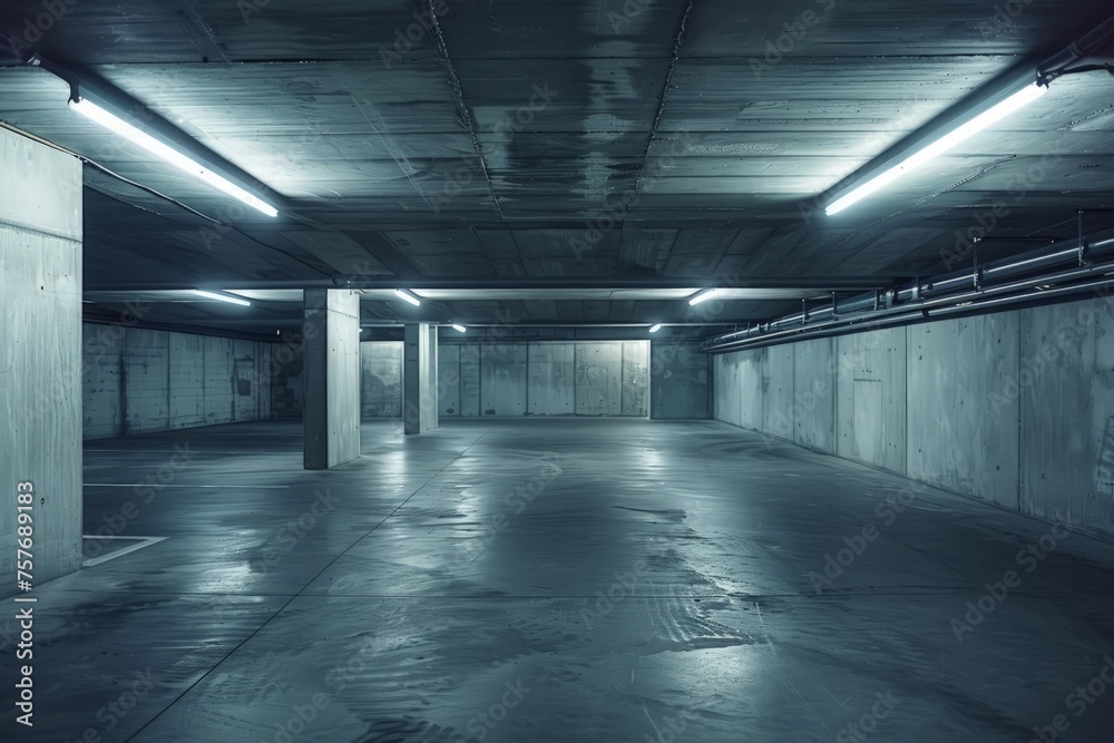 A view of a dark, empty underground parking garage with no people present
