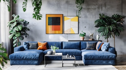 Blue Velvet L-Shaped Sofa in Industrial Living Room with Decorative Plants and Colorful Artwork