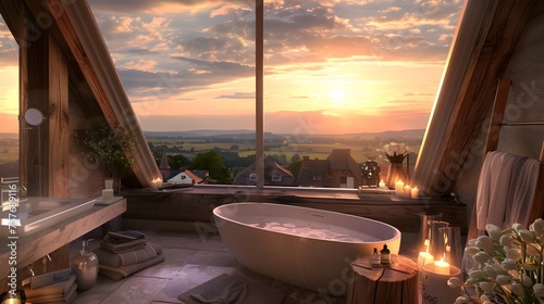 A Cozy Bathroom with an Elegant Freestanding Tub Overlooking a Serene Sunset Landscape in Northern Germany  Exuding Luxurious Comfort and Tranquility