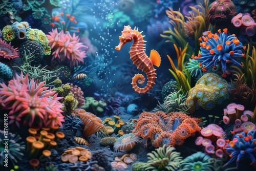 Lively images of seahorses show coral reefs bustling with marine life.