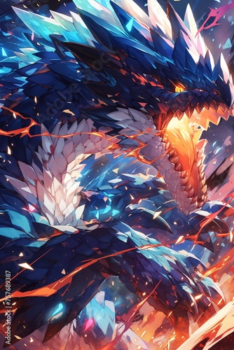 Close-up shot of the fierce dragons glowing eyes as it breathes cascades of fire