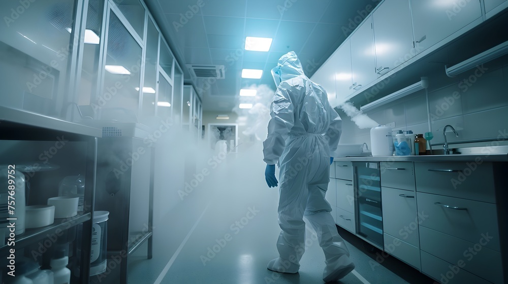 Protective Gear-Clad Scientist Studying Misty Wall in High-Tech Laboratory Protective Gear-Clad Scientist Studying Misty Wall in High-Tech Laboratory