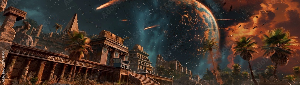 Comet streaking over ancient ruins revealing a hidden mafia underworld - obrazy, fototapety, plakaty 