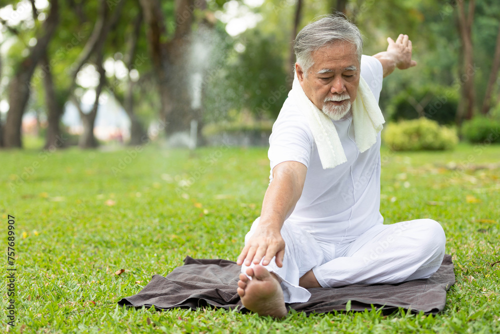 Fototapeta premium asian senior man workout and doing yoga in the park