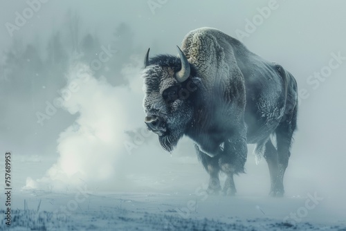 The awe-inspiring sight of a bison standing tall in a snow-covered field