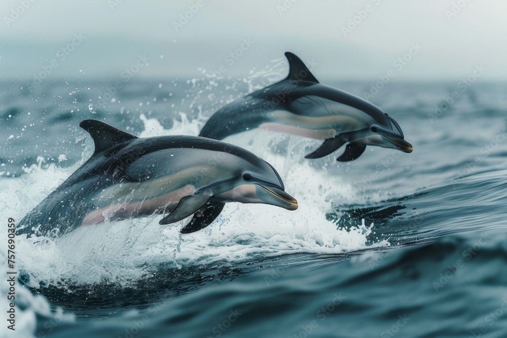 Fototapeta premium The spectacle of a pair of dolphins leaping joyfully from the ocean waves at dawn.