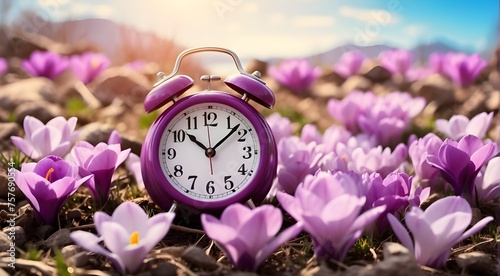 Spring forward, idea of an alarm clock amongst blossoming crocuses. Daylight saving time, the arrival of spring blossoms, and the shift in time. Daylight savings time: an hour is lost